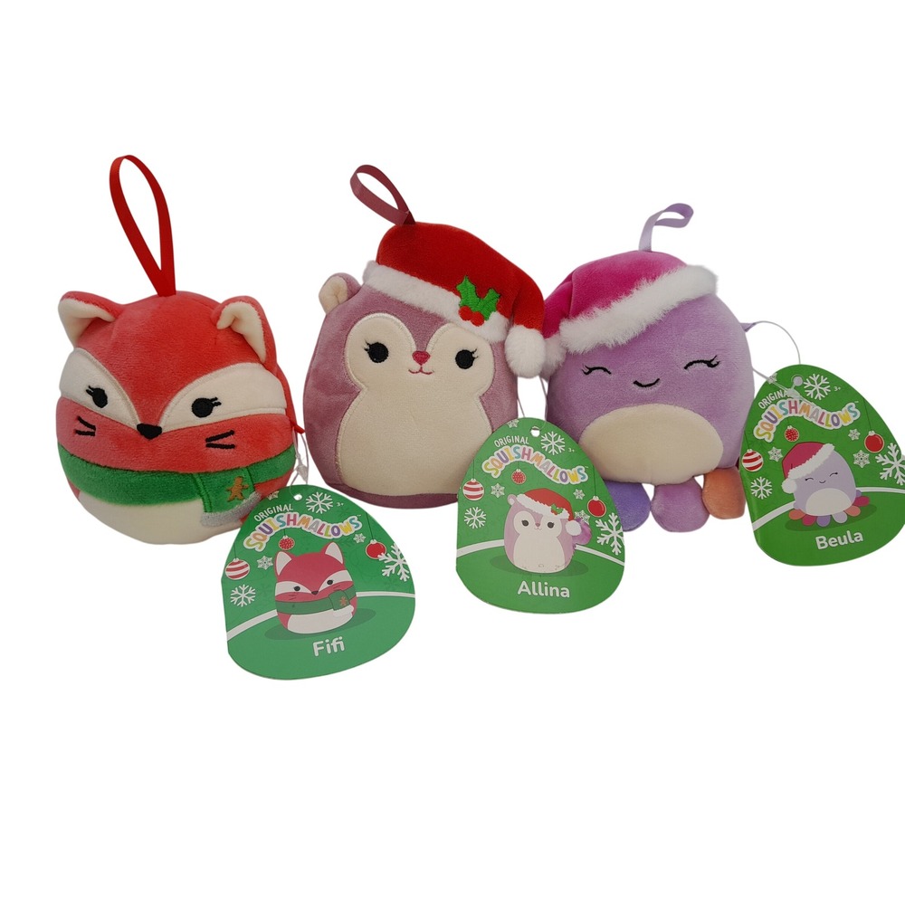 Squishmallows Christmas Ornament Set Fifi Fox Allina Squirrel Beula Octopus NWT